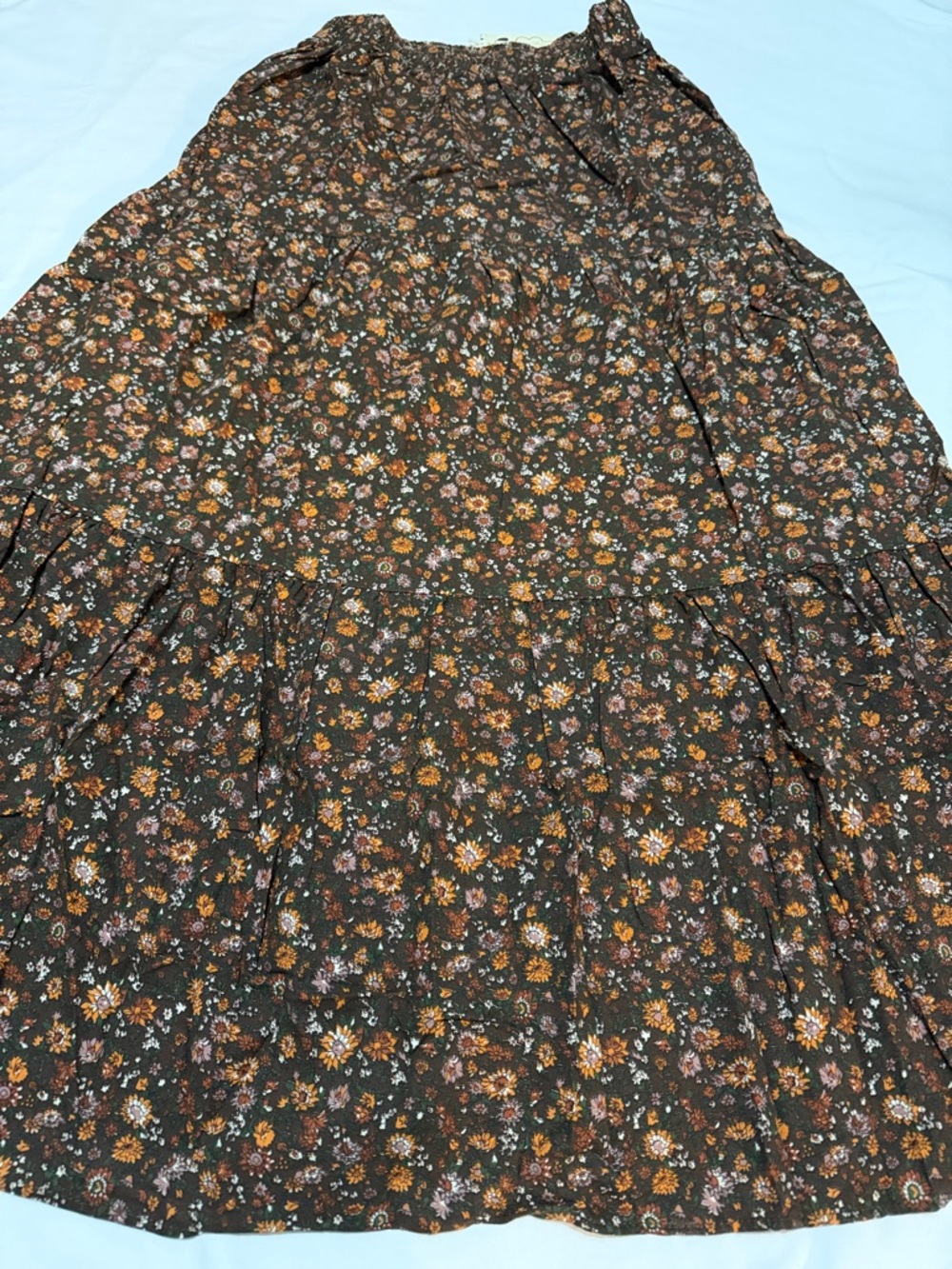 Floral Tiered Maxi Cotton Skirt in Brown and Rust with Side Pockets M NWT